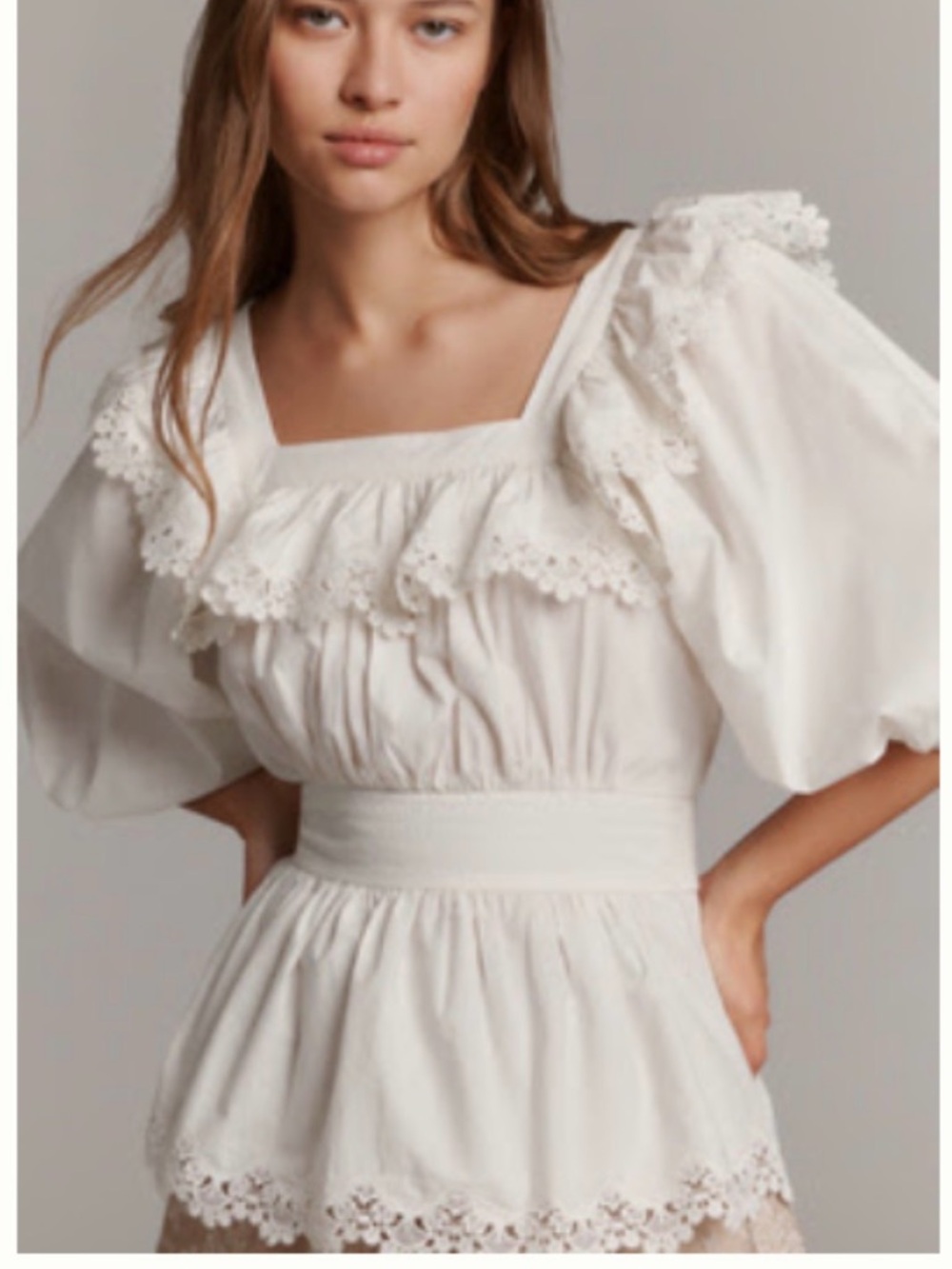 Maeve White Lace-Trim Peasant Top